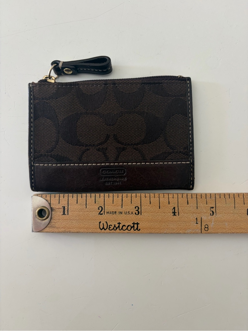 Coach Signature Jacquard Brown Leather Zip Keychain Coin Purse Card Case - Picture 7 of 8